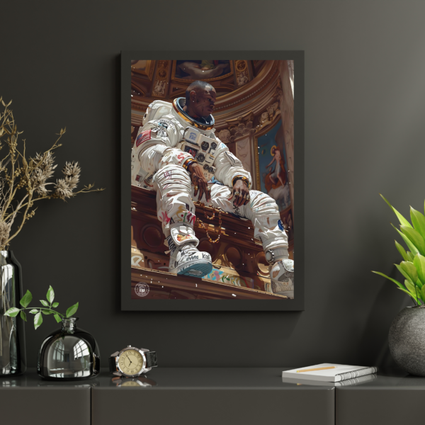 A digital artwork depicting an astronaut in a modern spacesuit, seated on a throne within a grand, Baroque-style palace. The juxtaposition of futuristic spacewear and the opulent surroundings creates a mesmerizing and thought-provoking image of space exploration