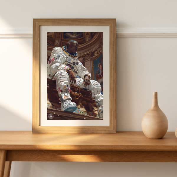 A digital artwork depicting an astronaut in a modern spacesuit, seated on a throne within a grand, Baroque-style palace. The juxtaposition of futuristic spacewear and the opulent surroundings creates a mesmerizing and thought-provoking image of space exploration