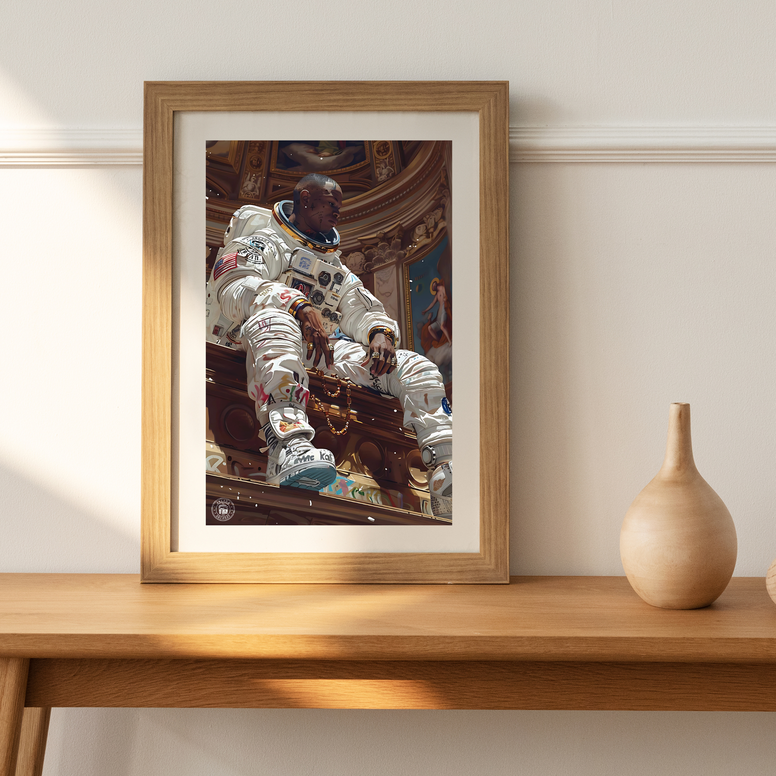 A digital artwork depicting an astronaut in a modern spacesuit, seated on a throne within a grand, Baroque-style palace. The juxtaposition of futuristic spacewear and the opulent surroundings creates a mesmerizing and thought-provoking image of space exploration